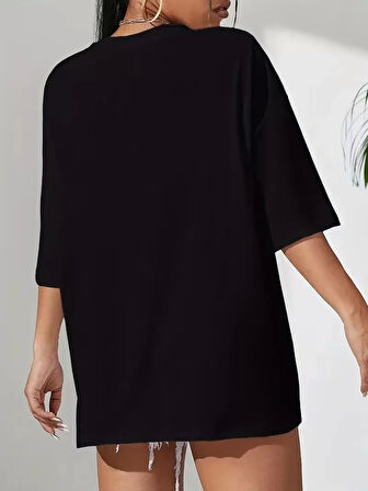 20/1 Penye Compack Classical Baskılı Siyah Oversize Tişort - Siyah