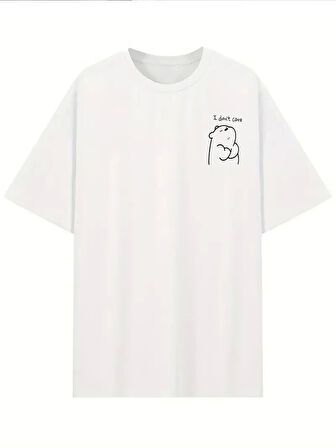 [Günlük T-Shirt] Hafif Kadın Günlük T-Shirt | Bol Kesim, Kısa Kollu, Yuvarlak Yaka, Eğlenceli Karikatür Ayı ve "Umrumda Değil" Baskı - Günlük Stil, İlkbahar/Yaz- Beyaz