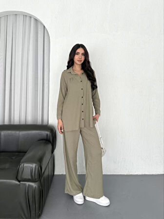 Yakalı Düğmeli Uzun Kollu Gömlek Pantolon ikili Takım - Bej