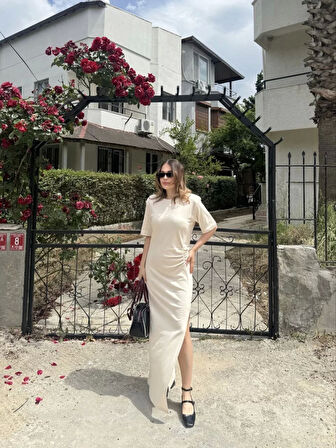 Kadın Kısa Kollu Uzun Yandan Yırtmaçlı Elbise - Bej