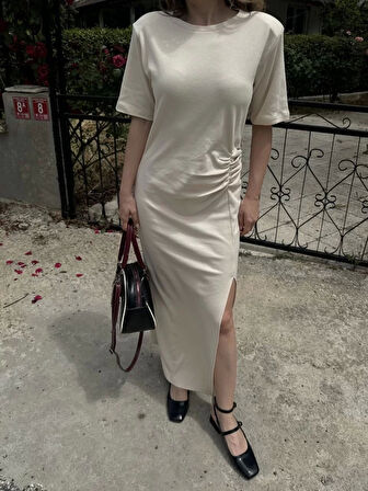 Kadın Kısa Kollu Uzun Yandan Yırtmaçlı Elbise - Bej