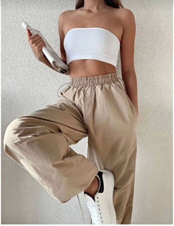 Kadın Cepli Paraşut Pantalon - Bej