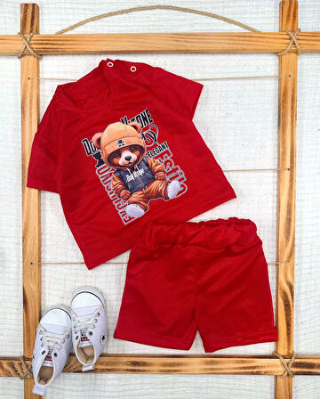 Lenaca 9-12-18-24 Ay Dansçı Ayıcık Baskılı Şortlu Kısa Kollu Tişört 2li Erkek Bebek Takımı