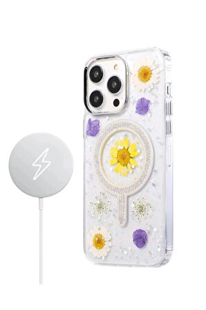 iPhone 15 Flower Magsafe Kapak - Krem