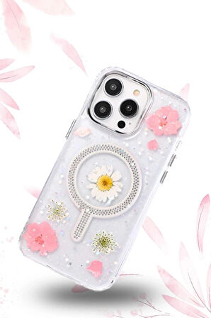 iPhone 15 Flower Magsafe Kapak - Krem