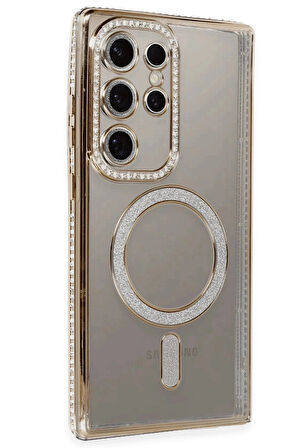 Samsung Galaxy S24 Ultra Kılıf Joke Simli Magneticsafe Kılıf - Gold