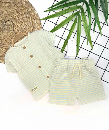 Lenaca 9-12-18-24 Ay Düğme Detaylı Çizgili Müslin Kumaş Yazlık 2li Erkek Bebek Takımı