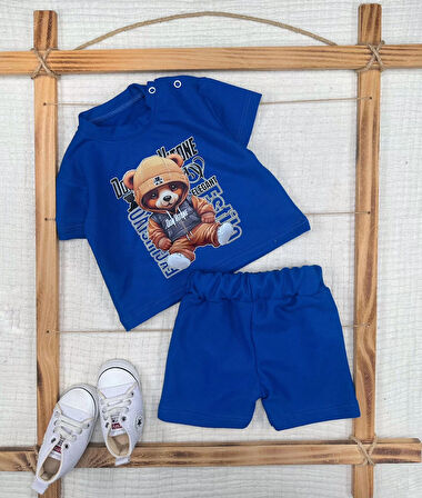 Lenaca 9-12-18-24 Ay Dansçı Ayıcık Baskılı Şortlu Kısa Kollu Tişört 2li Erkek Bebek Takımı