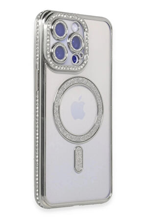 iPhone 14 Pro Max Kılıf Joke Simli Magneticsafe Kılıf - Gümüş