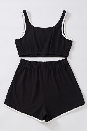 Kadın Siyah Askılı Crop Top Ve Şortlu Gecelik Takım