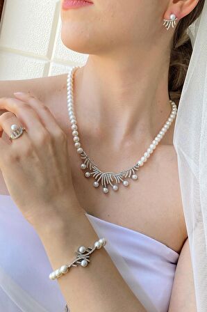 Birinci1926 925 Ayar Gümüş Kadın Taşlı Çubuk Figürlü İnci Set