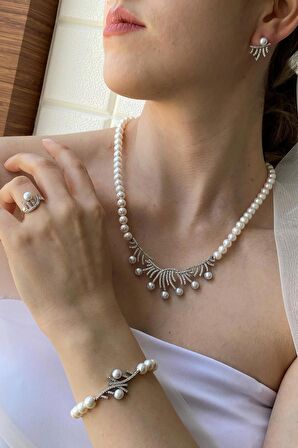 Birinci1926 925 Ayar Gümüş Kadın Taşlı Çubuk Figürlü İnci Set