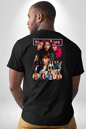 Blackpink Müzik Grubu  Pamuklu Kadın Erkek Oversize Sırt Dijital Baskılı Siyah T-shirt