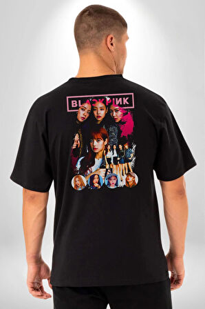 Blackpink Müzik Grubu  Pamuklu Kadın Erkek Oversize Sırt Dijital Baskılı Siyah T-shirt