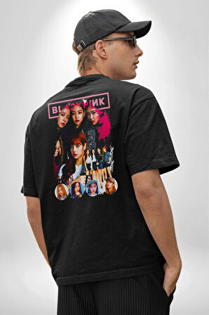 Blackpink Müzik Grubu  Pamuklu Kadın Erkek Oversize Sırt Dijital Baskılı Siyah T-shirt