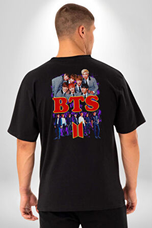 BTS 2 K-pop Müzik Grubu Pamuklu Kadın Erkek Oversize Sırt Dijital Baskılı Siyah T-shirt
