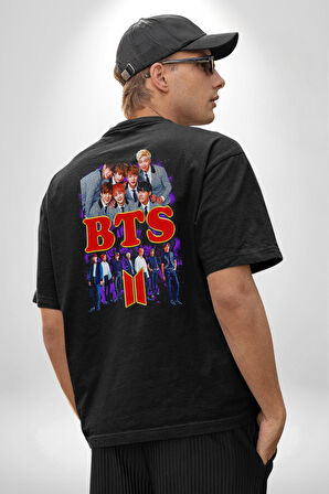 BTS 2 K-pop Müzik Grubu Pamuklu Kadın Erkek Oversize Sırt Dijital Baskılı Siyah T-shirt