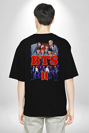 BTS 2 K-pop Müzik Grubu Pamuklu Kadın Erkek Oversize Sırt Dijital Baskılı Siyah T-shirt