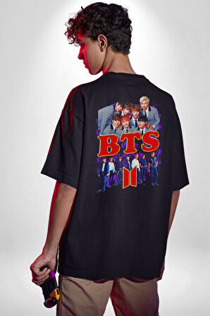 BTS 2 K-pop Müzik Grubu Pamuklu Kadın Erkek Oversize Sırt Dijital Baskılı Siyah T-shirt
