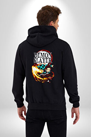Demon Slayer İblis Avcısı Anime Figürü Kadın Erkek Siyah Kapüşonlu Fermuarlı Baskılı Hırka Sweatshirt