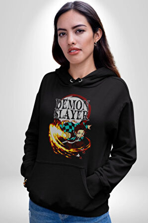 Demon Slayer İblis Avcısı Anime Figürü Kadın Erkek  Siyah Kapüşonlu Sweatshirt Hoodie