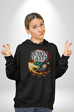 Demon Slayer İblis Avcısı Anime Figürü Kadın Erkek  Siyah Kapüşonlu Sweatshirt Hoodie