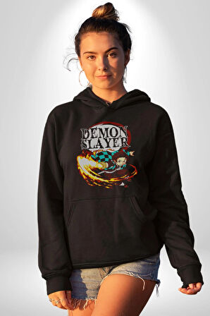 Demon Slayer İblis Avcısı Anime Figürü Kadın Erkek  Siyah Kapüşonlu Sweatshirt Hoodie