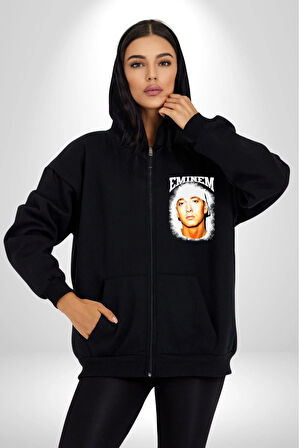 Eminem Hip Hop Rap Sanatcısı Kadın Erkek Siyah Kapüşonlu Fermuarlı Baskılı Hırka Sweatshirt