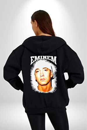 Eminem Hip Hop Rap Sanatcısı Kadın Erkek Siyah Kapüşonlu Fermuarlı Baskılı Hırka Sweatshirt