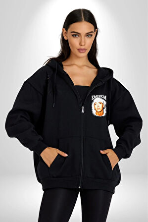 Eminem Hip Hop Rap Sanatcısı Kadın Erkek Siyah Kapüşonlu Fermuarlı Baskılı Hırka Sweatshirt