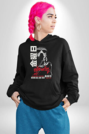 13. Cuma Korku Film Kadın Erkek  Siyah Kapüşonlu Sweatshirt Hoodie