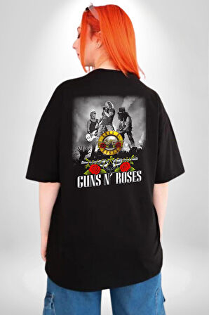 Guns N Roses Rock Grubu Logo Pamuklu Kadın Erkek Oversize Sırt Dijital Baskılı Siyah T-shirt