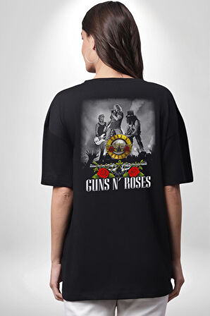 Guns N Roses Rock Grubu Logo Pamuklu Kadın Erkek Oversize Sırt Dijital Baskılı Siyah T-shirt