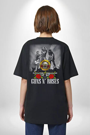 Guns N Roses Rock Grubu Logo Pamuklu Kadın Erkek Oversize Sırt Dijital Baskılı Siyah T-shirt