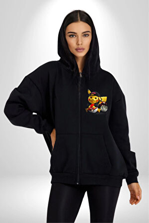 Pikachu Dolar Şapka Kadın Erkek Siyah Kapüşonlu Fermuarlı Baskılı Hırka Sweatshirt
