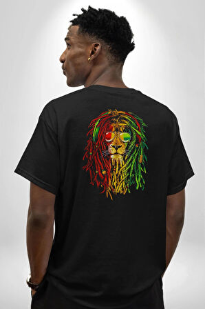 Bob Marley Aslan Pamuklu Kadın Erkek Oversize Sırt Dijital Baskılı Siyah T-shirt