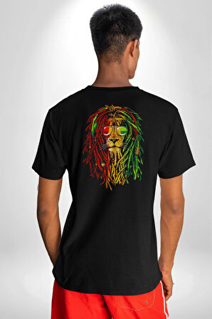Bob Marley Aslan Pamuklu Kadın Erkek Oversize Sırt Dijital Baskılı Siyah T-shirt