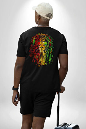 Bob Marley Aslan Pamuklu Kadın Erkek Oversize Sırt Dijital Baskılı Siyah T-shirt