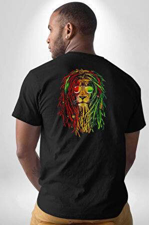Bob Marley Aslan Pamuklu Kadın Erkek Oversize Sırt Dijital Baskılı Siyah T-shirt