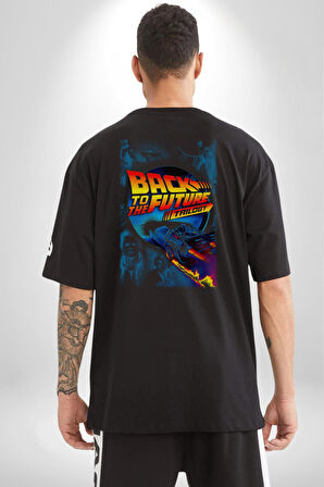 Back To The Future Trilogy  Pamuklu Kadın Erkek Oversize Sırt Dijital Baskılı Siyah T-shirt