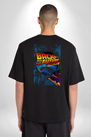 Back To The Future Trilogy  Pamuklu Kadın Erkek Oversize Sırt Dijital Baskılı Siyah T-shirt