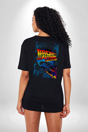 Back To The Future Trilogy  Pamuklu Kadın Erkek Oversize Sırt Dijital Baskılı Siyah T-shirt