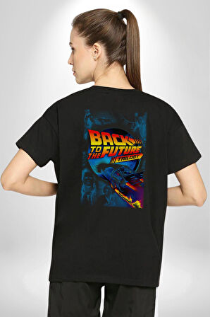 Back To The Future Trilogy  Pamuklu Kadın Erkek Oversize Sırt Dijital Baskılı Siyah T-shirt