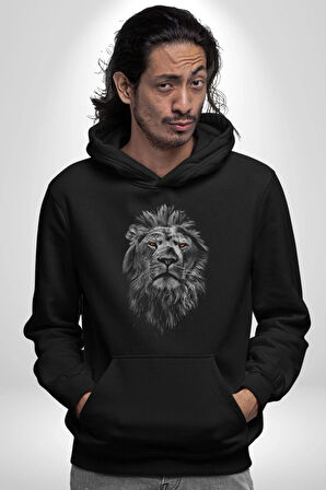 Aslan Karizma Sert Bakış Kadın Erkek  Siyah Kapüşonlu Sweatshirt Hoodie