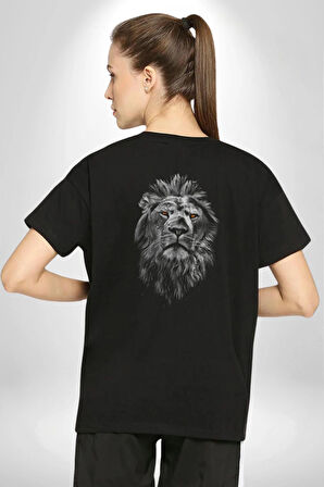 Aslan Karizma Sert Bakış Pamuklu Kadın Erkek Oversize Sırt Dijital Baskılı Siyah T-shirt