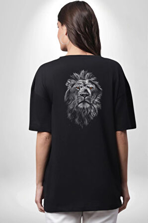 Aslan Karizma Sert Bakış Pamuklu Kadın Erkek Oversize Sırt Dijital Baskılı Siyah T-shirt