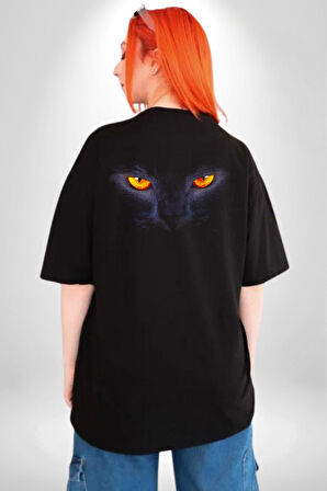 Siyah Kedi Gözler Ateş Pamuklu Kadın Erkek Oversize Sırt Dijital Baskılı Siyah T-shirt