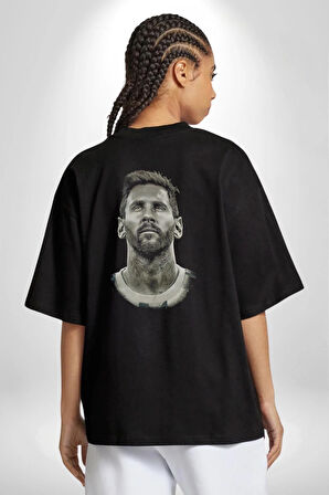 Messi Spor Futbol Kahramanı Pamuklu Kadın Erkek Oversize Sırt Dijital Baskılı Siyah T-shirt
