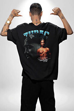 Tupac Müzik Pamuklu Kadın Erkek Oversize Sırt Dijital Baskılı Siyah T-shirt