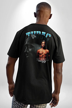 Tupac Müzik Pamuklu Kadın Erkek Oversize Sırt Dijital Baskılı Siyah T-shirt